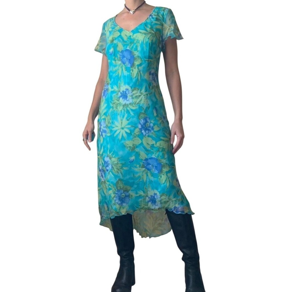 vintage y2k blue teal fairy floral 100% silk dress size 12 vacation whimsy party